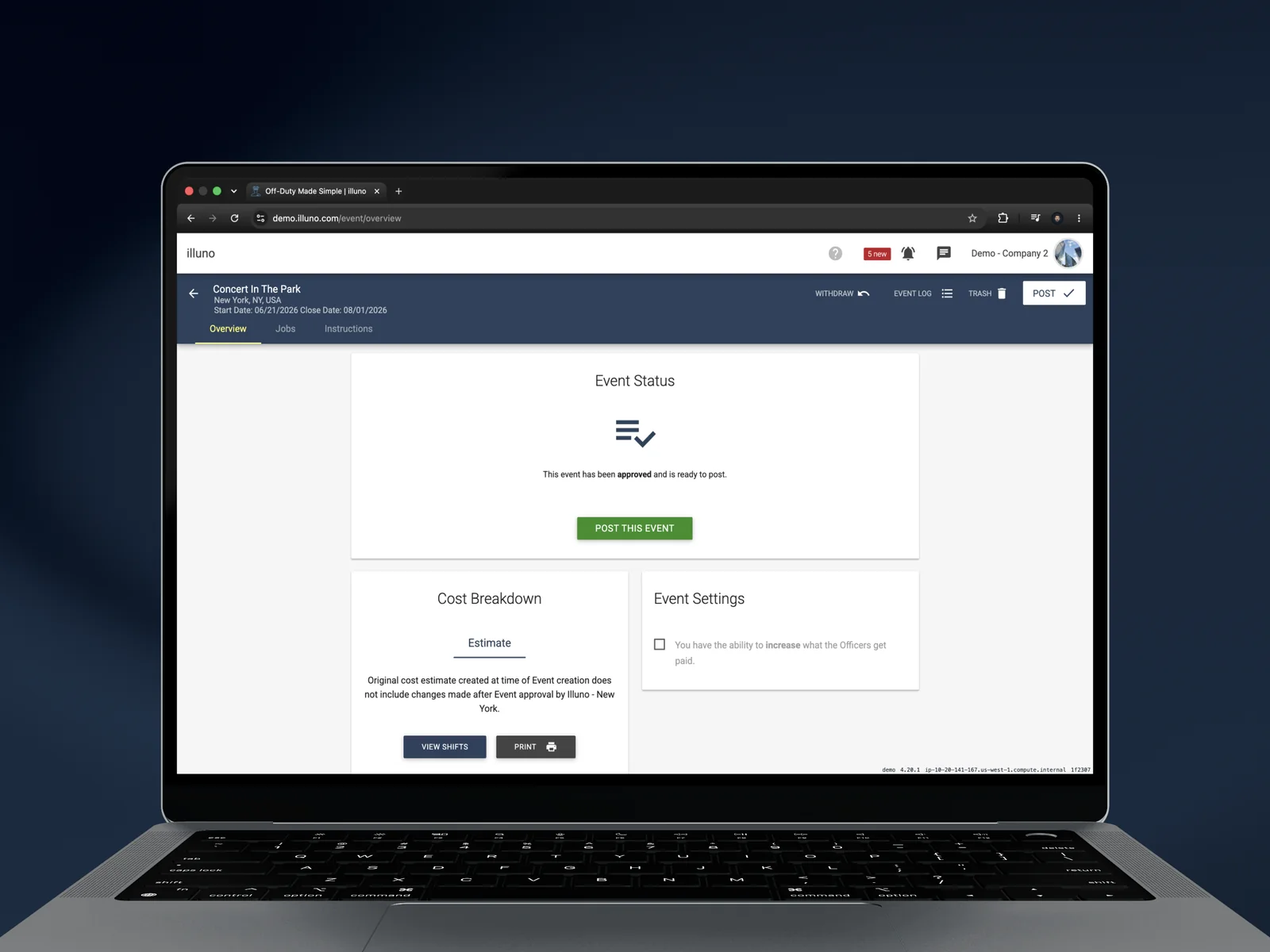 The illuno web app on a laptop showing a business event overview ready to post