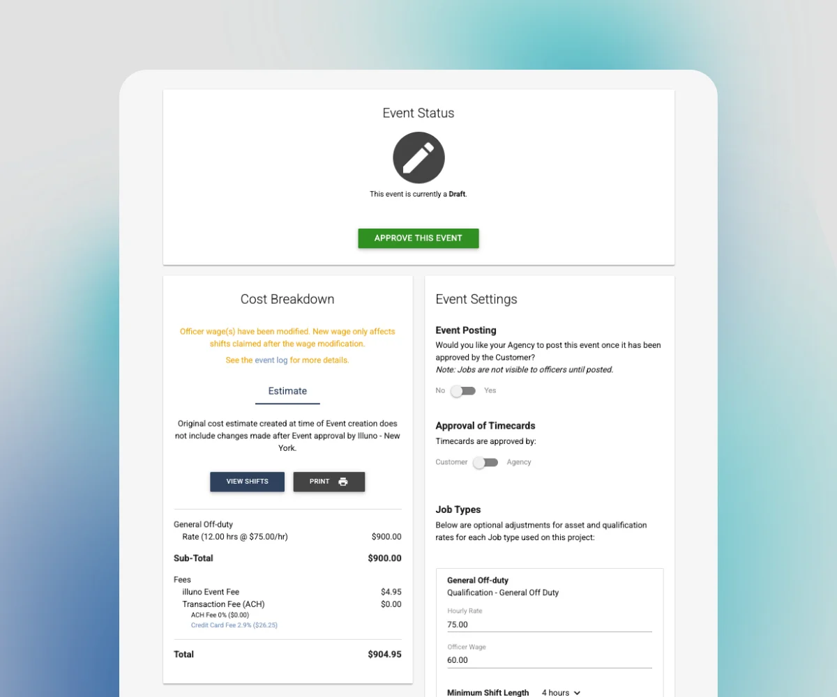 A draft event approval screen with rate settings and the full cost breakdown