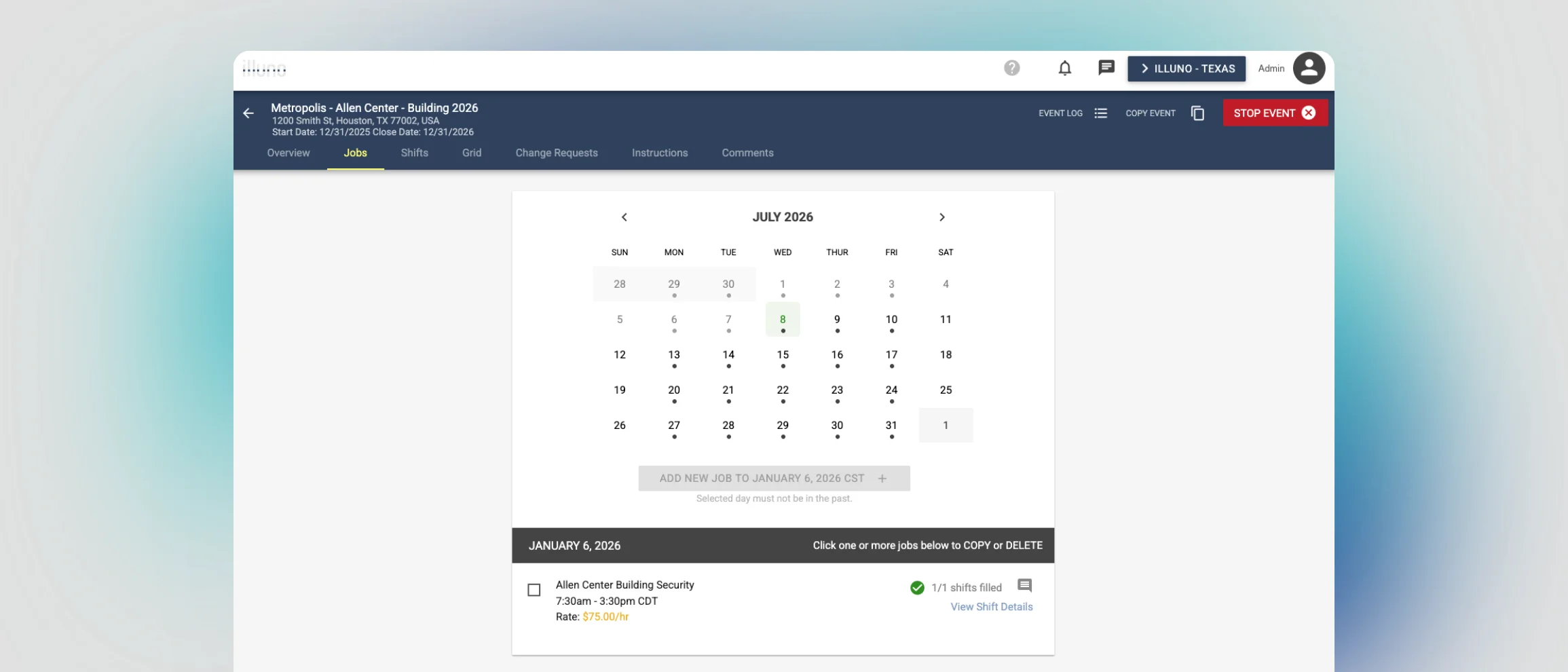 An event page with its jobs calendar, add-job button, and copy and stop event controls