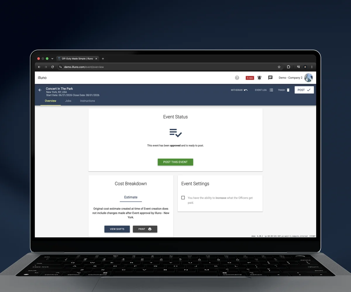 An approved event on a laptop showing the cost breakdown and a post-this-event button
