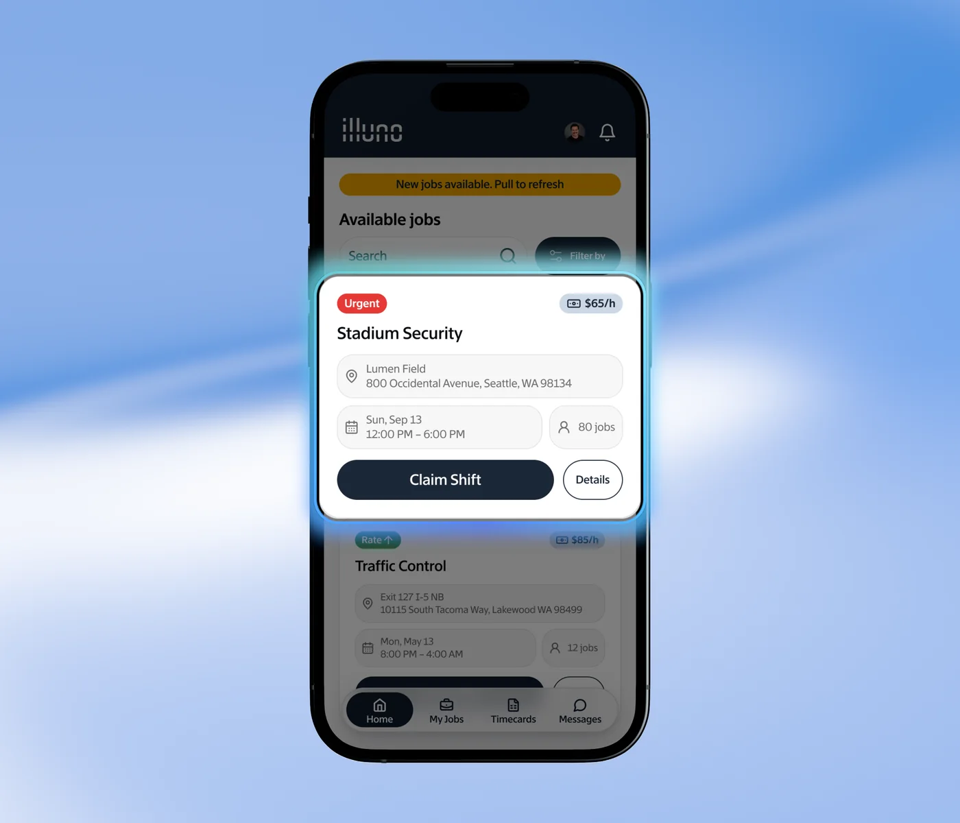 The officer app home feed showing nearby shifts with hourly rates listed up front