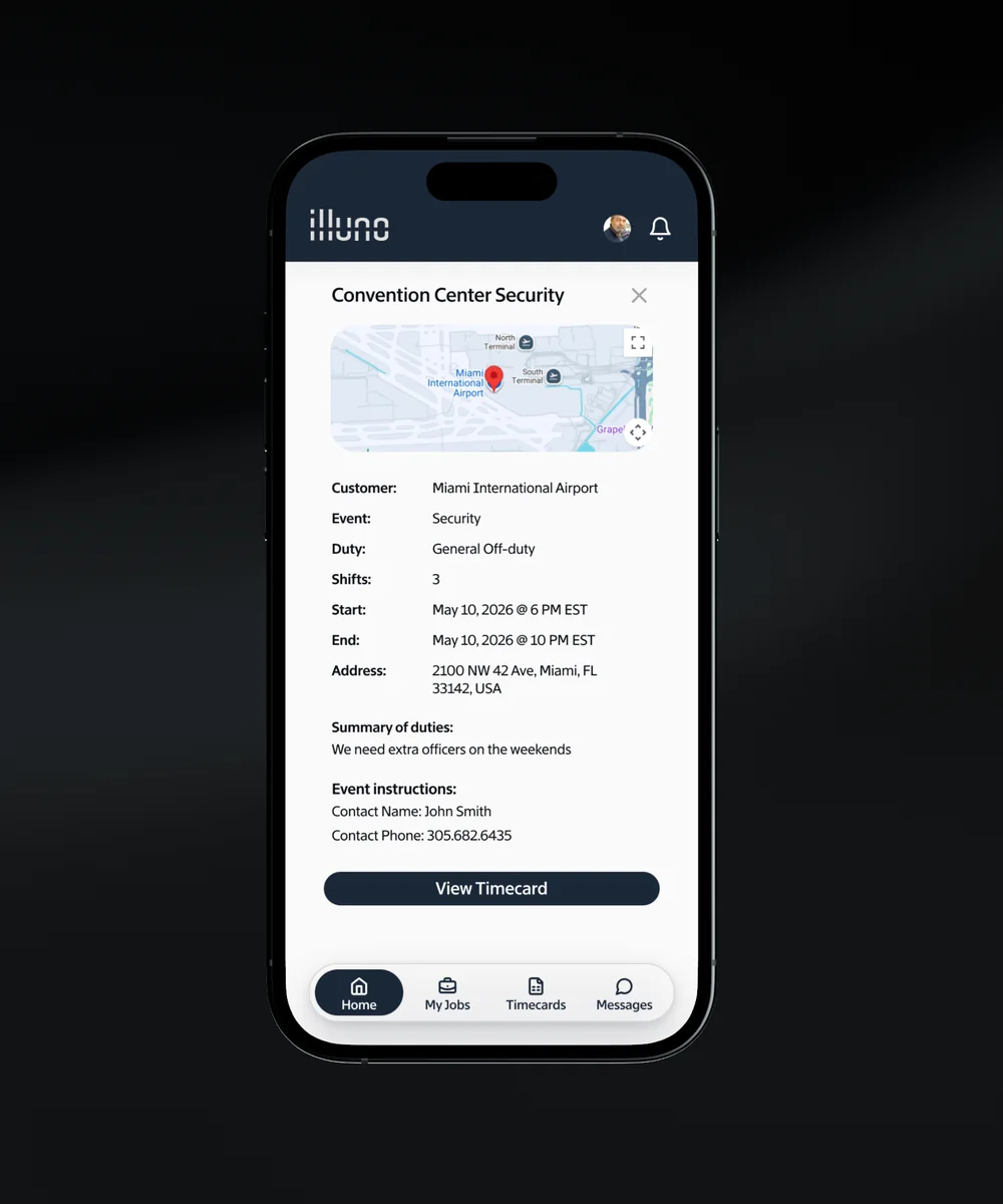 A shift details screen with location, time window, and a one-tap accept button