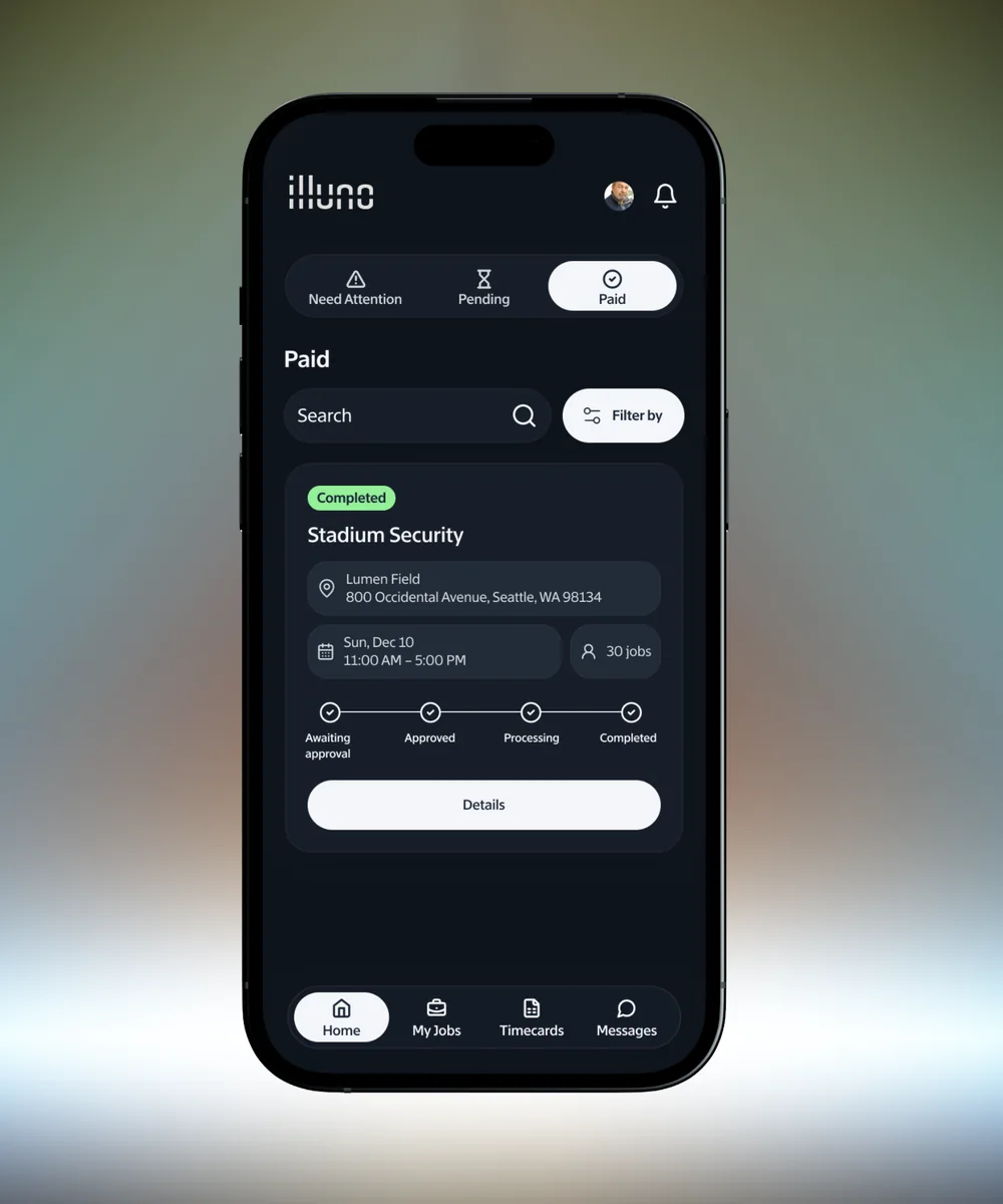 An officer timecard in the app showing hours worked and payout status